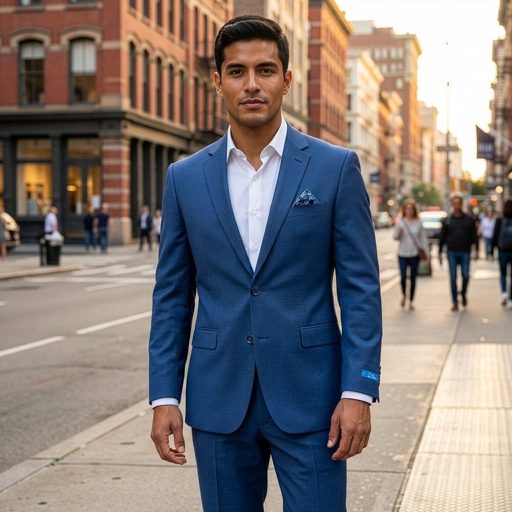 New 2026 Mens 2pc Crosshatched Sharkskin Blue Suit Set, Hybrid Fit (H1)